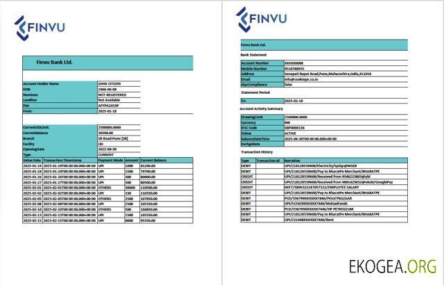 Relevé de compte India Finvu Bank Ltd. Modèle Word et PDF, 2 pages